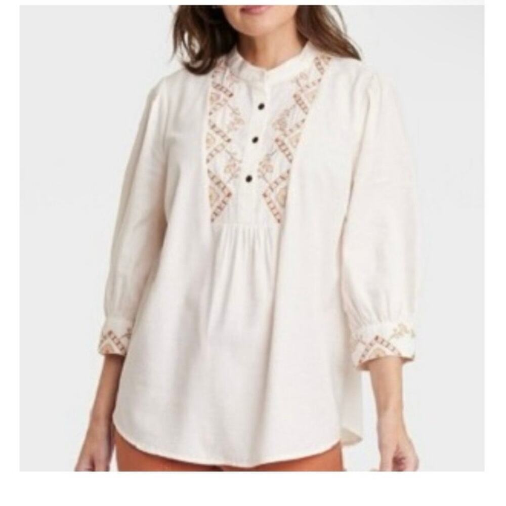 KNOX ROSE Cream Embroidered 3/4Sleeve Cotton Blend Boho Cottagecore Tunic Top XL